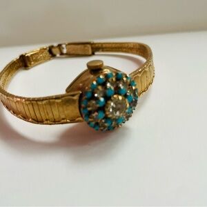 Gold and Blue Vintage-Style Bracelet with Turquoise Centerpiece
